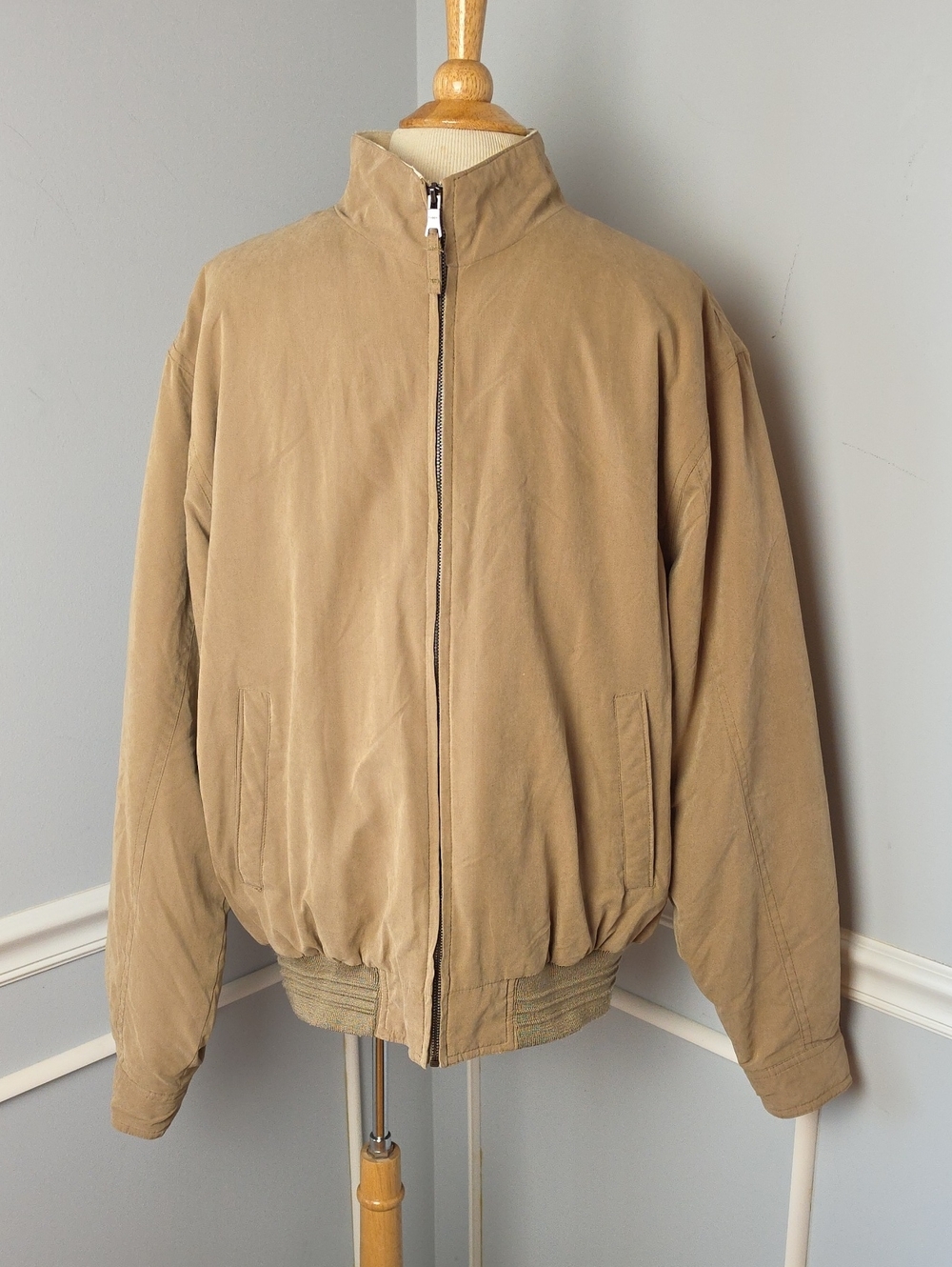 HAGGAR Tan Mock Collar Brushed Fabric Casual Full Zip Preppy Bomber‎ Jacket L